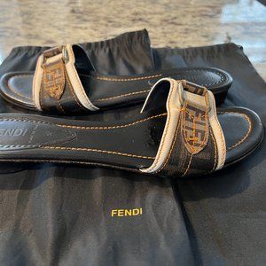Fendi Women's Sandals-Tess Matrix Zucca PU+Z/Leather-Fabric/Brown/38